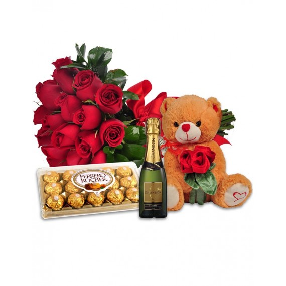 Combo Amor Completo: Flores, Baby Chandon e Pelúcia