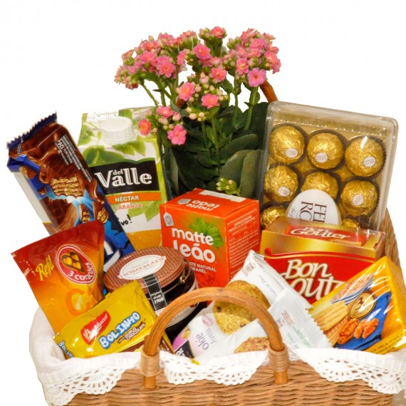 Cesta de Café Flores e Chocolates Bom Dia para Você!