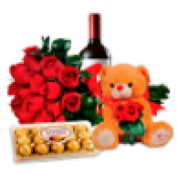 Combo Amor Completo: Flores com Urso de Pelúcia, Chocolates e Vinho