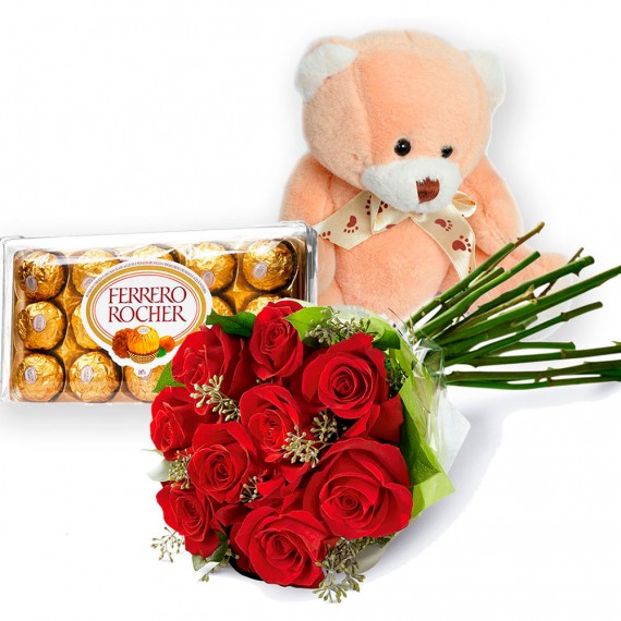 Buquê de Flores com Chocolates e Pelúcia